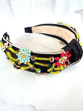 Black and Green Beaded Floral Headband with Yellow and Aqua, Red & Orange Flower